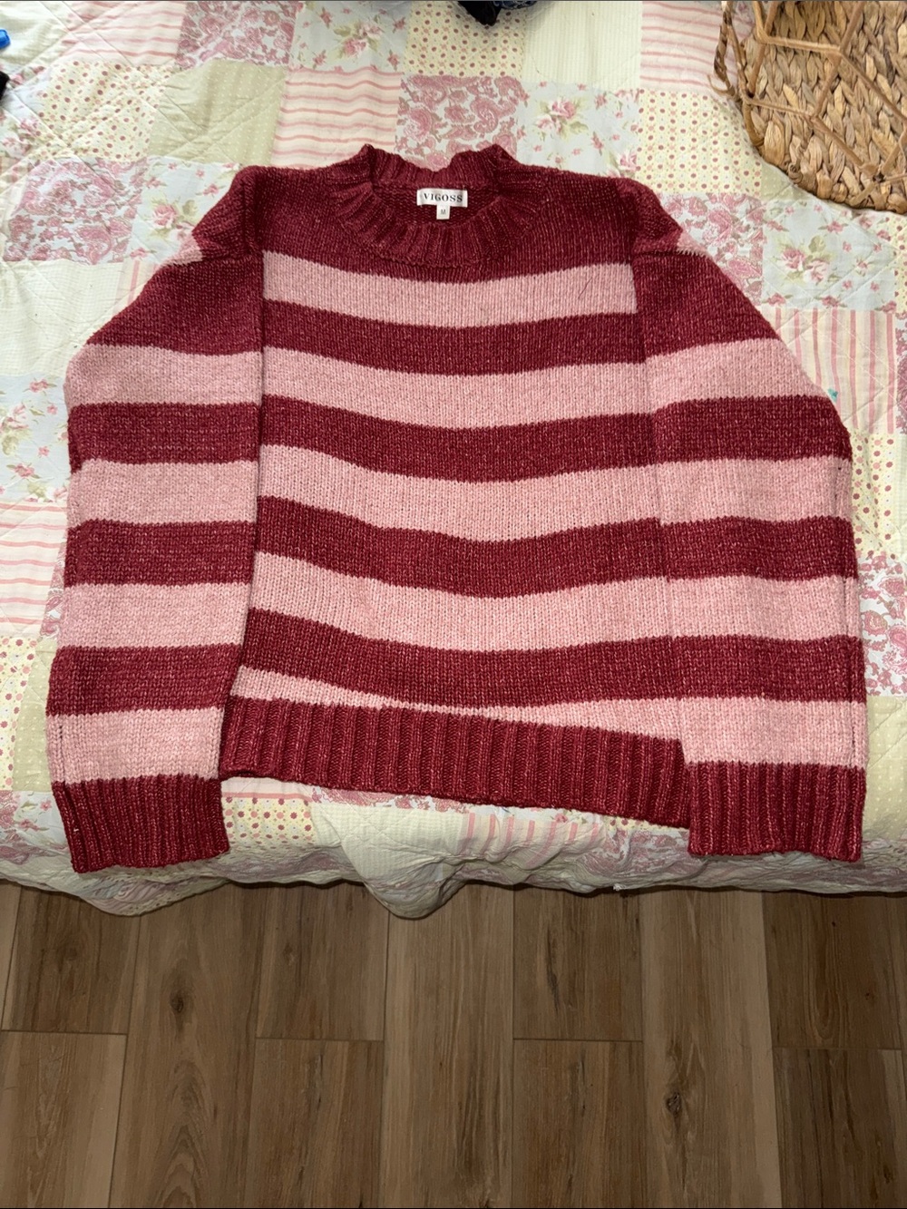 Vigoss Rose Pink & Burgundy Striped Crewneck Sweater